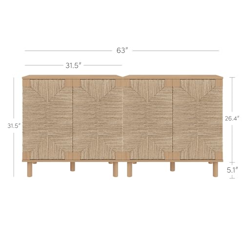 Image of Nathan James Beacon Boho TV Stand, Free Standing Kitchen Cabinet Storage with Adjustable Interior Shelf and Seagrass Accent, Seagrass /Raw Oak, Set of 2