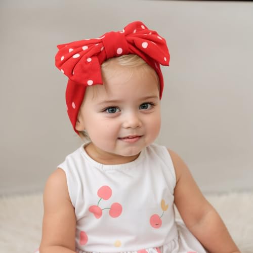 Stretchy Baby Girls Nylon Bows Headbands Polka Dot Turban Hair Bows Knots Tied Elastic Soft Hair Band for Newborn Infant Toddlers Kids (Red with White Polka Dots A, Standard)3