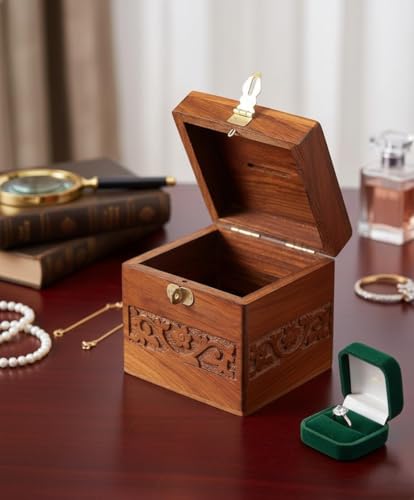 Image of Wooden Money Bank for Kids Natural Wood Coin Saving Box Square Shape 4x4x4 inch Childrens Piggy Bank Gift Idea for Boys and Girls. with Lock