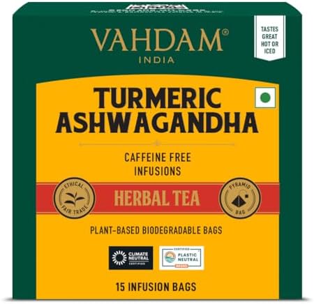 VAHDAM, Turmeric Ashwagandha Herbal Tea Bags (15 Count) 100% Pure Herbal Blend - Turmeric, Ashwagandha, Lemongrass, Black Pepper & Licorice | Brew It As Hot Or Iced Tea