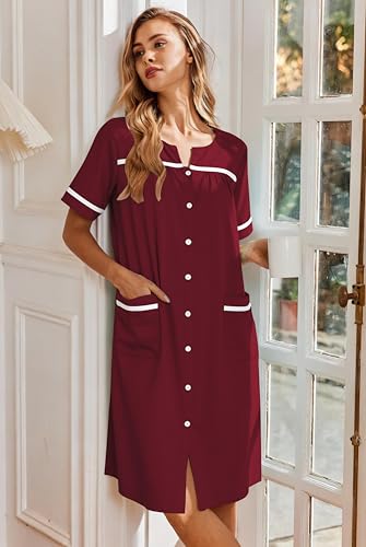 Image of Ekouaer Nightgowns for Women House Dress with Pockets Button Down Sleepshirt Short Sleeve Nightshirt Housecoat