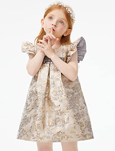 Meilleur Moment Girls Kids Summer Floral Dress Ruffle Sleeve A-Line Golden Jacquard Midi Dress For Girls Daily Party #TOP3