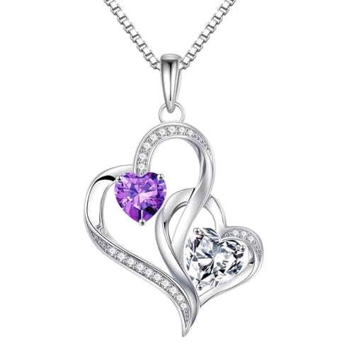 Iefil February April Heart Birthstone Necklace for Women - Amethyst Jewelry, Simulated Diamond Necklace, Anniversary Birthday Gifts for Women, Personalized Gifts for Girlfriend
