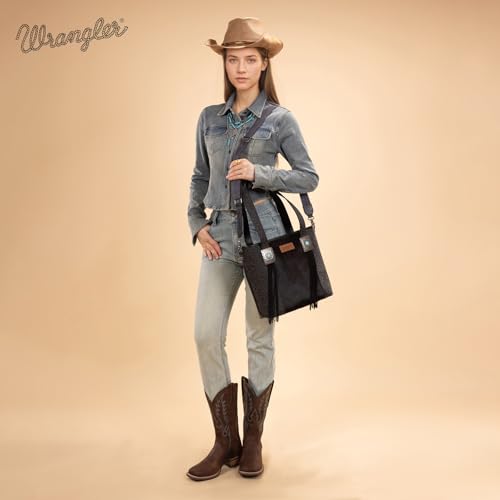 Image of Montana West Wrangler Cowhide Tote Bag for Women Western Tooling Handbag Leather Fringing with Turquoise Stone Concho