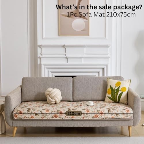 Image of HOMETHREADS Anti-Skid Sofa Protector Mat: Premium Printed Cotton Slipcover with Strong PVC Non-Slip Backing, (White Green, 4 Seater | 210x75cm)