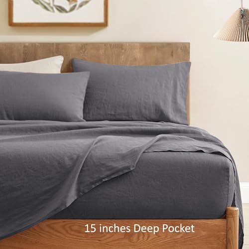 Image of ATLINIA 100% Pure Flax Linen Bedding Set - Stone Washed French Linen Fabric Deep Pocket Fitted Sheet Farmhouse Flat Sheet 2 Pillowcases (Dark Grey, Full)