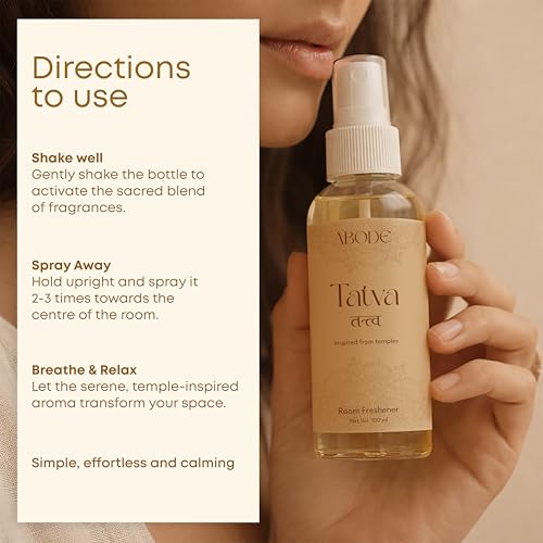 Image of ABODE Tatva Room Freshener Spray | Temple Fragrance | Sandalwood, Tulsi, Camphor & Jasmine Blend | Non-Toxic | Best Room Freshener |100ml /3.3 Oz