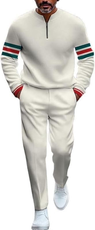 Men's half zip round neck sports shirt and pants two-piece set, casual sports golf jogging pants set