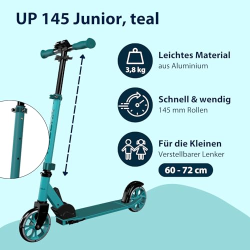 HUDORA Scooter Up 145 Junior - Teal - Hochwertiger & sicherer Kinder Roller ab 3 Jahre - Zusammenklappbarer City Roller mit 145 mm Rollen - H&ouml;henjustierbarer Scooter f&uuml;r Jungen & M&auml;dchen bis 60 kg