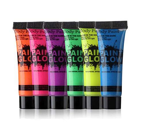 UV Glow Neon Gesichts- und Körperbemalung Set mit 6 Tuben - fluoreszierend - Hellstes Leuchten unter UV! Makeup Kids 6 Farben 25ml Face Body Painting Cover