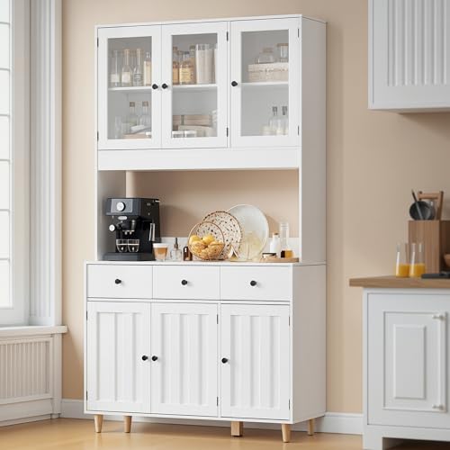 Blishom Vaisselier, Armoire de Cuisine Haute avec LED, Buffet avec Prise, Buffet avec Tiroirs, 6 Portes, Étagères Réglables pour Salon, Salle à Manger,...