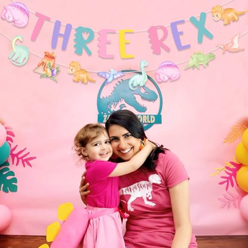 Image of Dinosaur 3rd Birthday Banner Garland Decorations for Girl, Three Rex Dino Theme Birthday Sign Banner Pastel Jungle Animal 3 Year Old Party Supplies