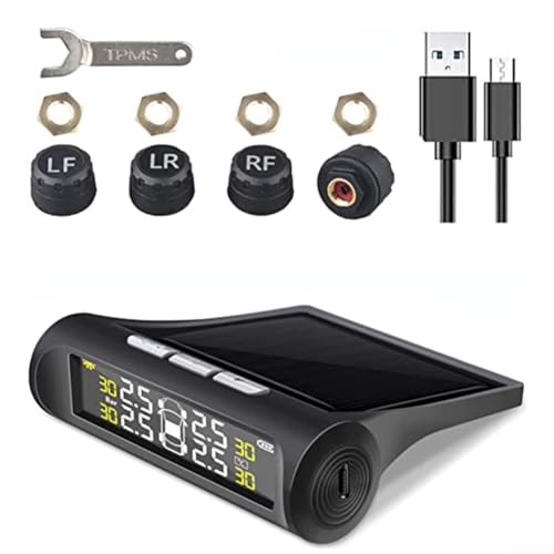 Zilimontt Monitor de presión de neumáticos, sistema de monitoreo de presión de neumáticos de automóvil, sistema solar inalámbrico de presión de neumáticos de coche, camión, LCD solar TPMS + 4 sensores
