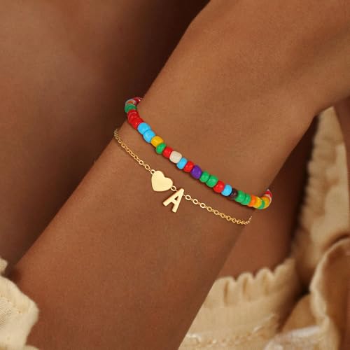 Colorful Initial Bracelets for Women Girls - 14K Gold Plated Heart Letter Bracelets Cute Bohemian Summer Jewelry Birthday Gifts for Teen Girls Back to School Gifts2