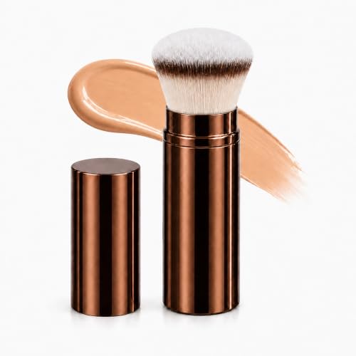 Brocha de Maquillaje Kabuki Retráctil con Cabezal Redondo, Color Cobre, para Base, Colorete, Polvos, Iluminador y Productos Líquidos o en Crema, Cerdas Suaves, Formato Compacto de Viaje