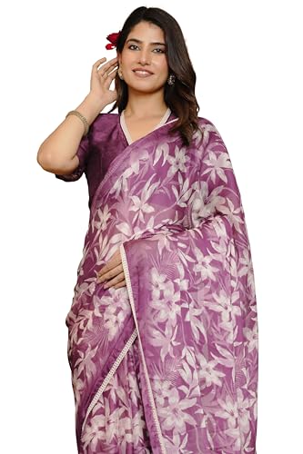 Image of MIRCHI FASHION Saree for Woman Georgette Floral and Leaf Printed | Elegant Farewell and Ceremonial Women's Sari with Blouse Piece