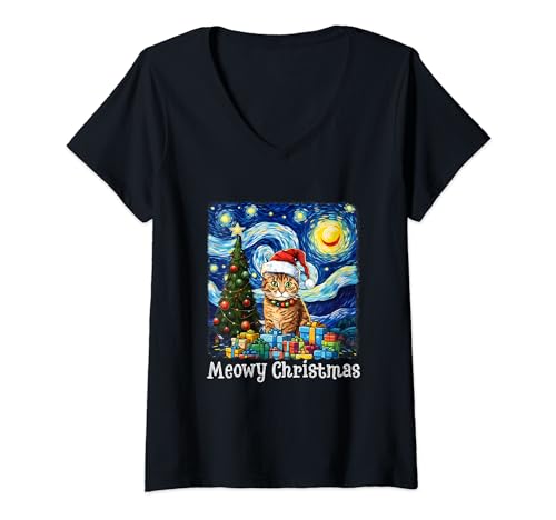 Meowy Christmas Cat Lover Gift Santa Xmas Women Toddler Camiseta Cuello V