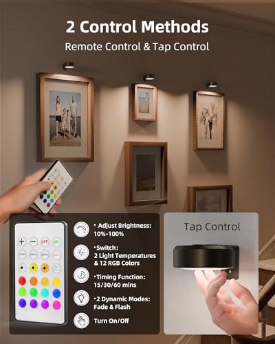 Image of EZVALO Picture Lights for Wall, 2000mAh Rechargeable Battery Magnetic Poster Lights with 3 Color Temps & 12 RGB, Remote Dimmable Timer Painting Light, Wall Decor Light for Art Display, Frame (3 Pack)