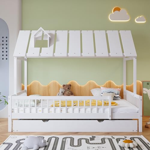 FAYICIC Cama plegable con techo con listón de chimenea, cama infantil, con rejilla de 3 lados, pino y tablero de fibra de densidad media, color blanco, 120 x 200/190 cm