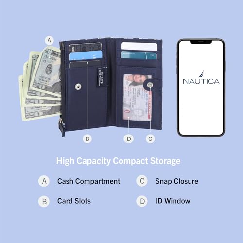Image of Nautica High Tide Small Wallet for Women, RFID Blocking Slim Credit Card Holder with Zipper Coin Pocket, Bifold Compact Wallet with ID Window, Glacial Blue