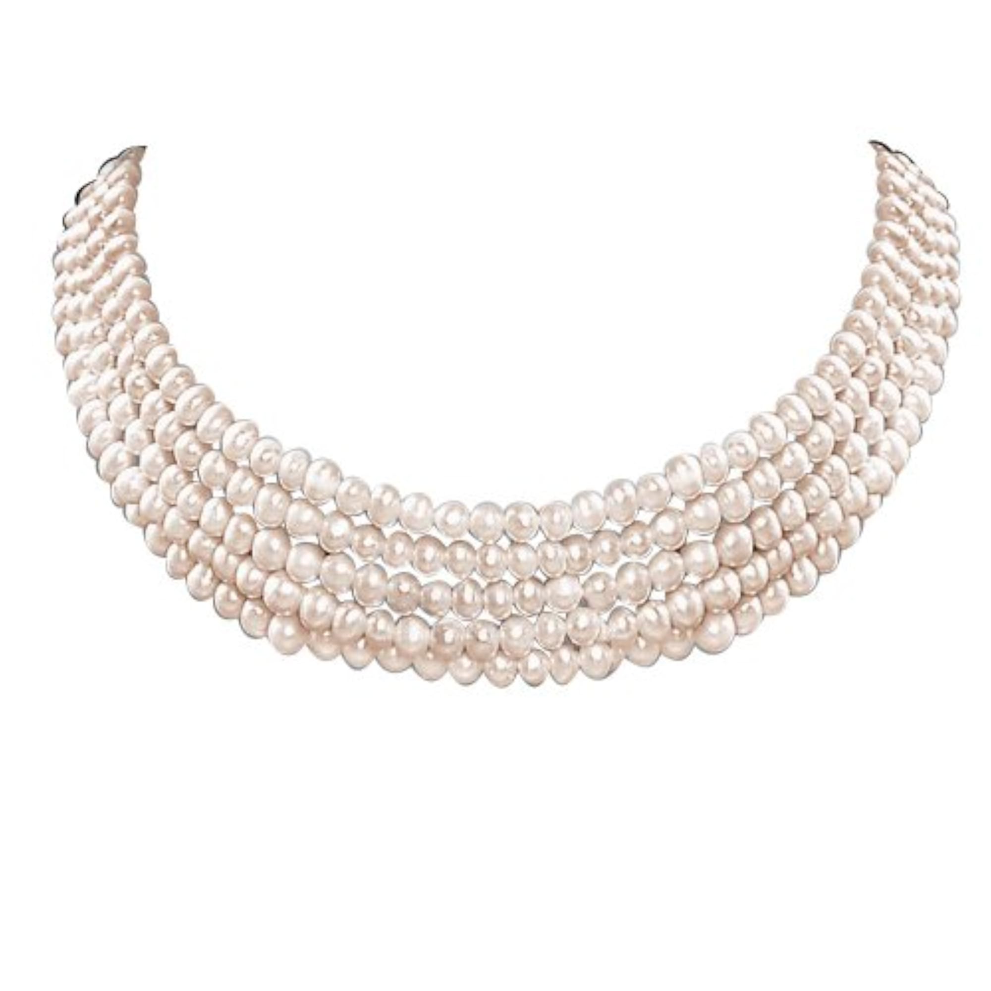 Women's 5 Line Real Freshwater Pearl Choker Necklace