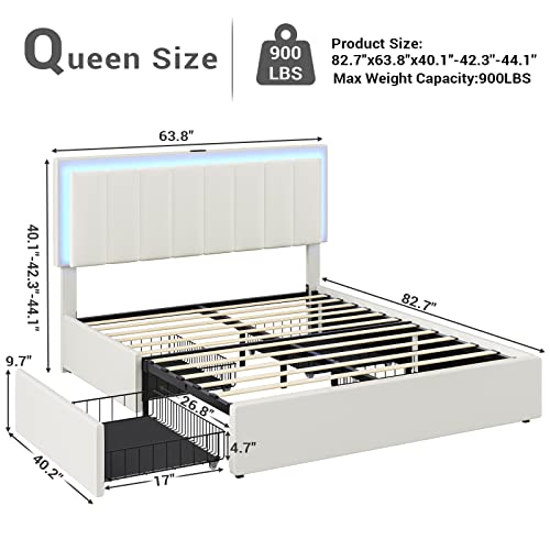 Hasuit Queen Size Bed Frame With Headboard, 4 Storage Drawers, Led Light Usb And Type-C Ports Upholstered Queen Platform Bed Mattress Foundation With Wooden Slats Support, No Box Spring Needed #TOP5