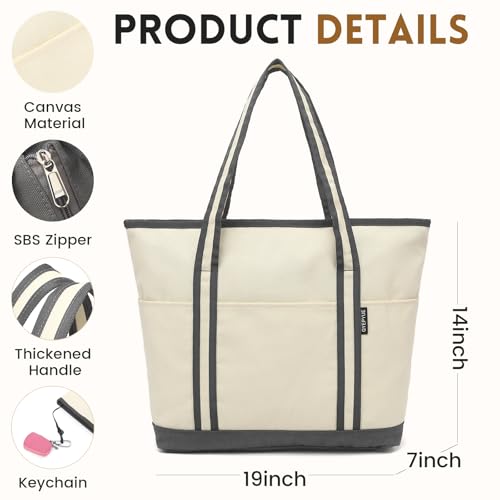 Image of Large Canvas Tote Bag for Women, Beach Bag with Zipper, Utility Tote Bag with 3 Front Pockets, Weekender Pool Bag