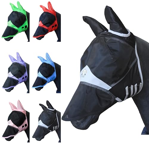 T TEKE Fine Mesh Horse Fly Mask w/Ears & Nose, UV blocking 3D Eye Visor with extra fleece cushioned forehead, Protection from Insect Pests