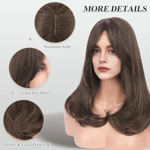 Image of FESHFEN Wigs with Bangs for Women, Synthetic Natural Looking Long Layered Straight Hair Wig for Women Daily Party Costume, 18 inch Brown with Highlights