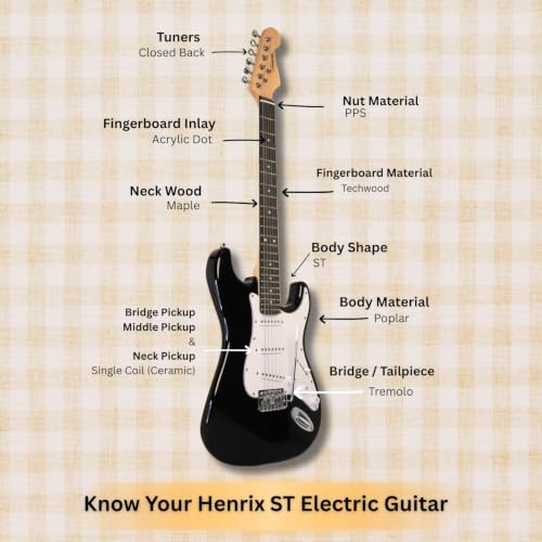Image of Henrix ST- 6 String Strat Style Poplar Electric Guitar With Gig-Bag, Tuner, Cable, Polishing Cloth, Strap, Picks & E-Book - Black