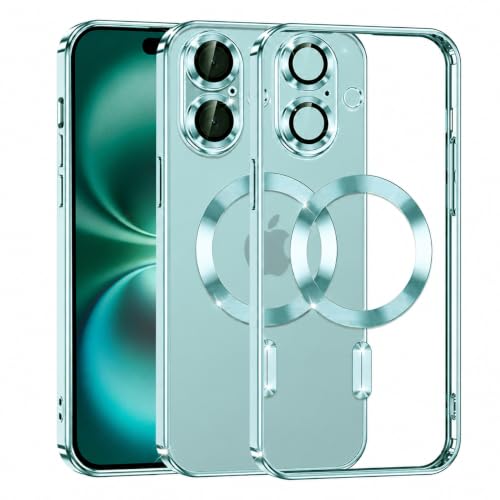 Image of Elzzi Electroplated Transparent Clear Logo Back Cover for iPhone 16 Plus, TPU Cover, Magsafe Compatible, Full Body & Individual Camera Protection for Each Lens Bumper Cases for Men, Women (Green)