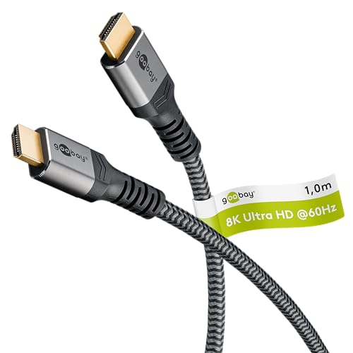 goobay High Speed 2.1 HDMI Kabel mit Ethernet - Vergoldete Stecker, Ultra HD Auflösungen bis zu 8KHz @ 60 & 4K @ 120Hz, HDMI Verlängerung für PS5, Xbox, Apple TV 4K, Fernseher Zubehör - 1m Grau 65260