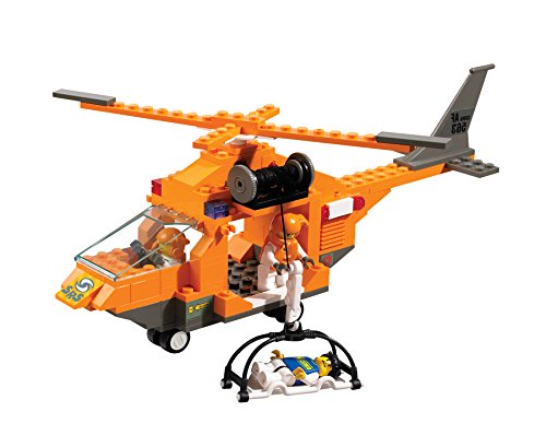 Assembled Sluban M38-B0102 Rescue Helicopter building block set with two minifigures, one in the cockpit and one operating a winch with a stretcher.