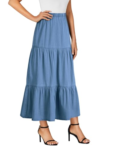 OPOIPIN Women's Elastic High Waist Tiered Ruffle A Line Swing Denim Long Skirt4