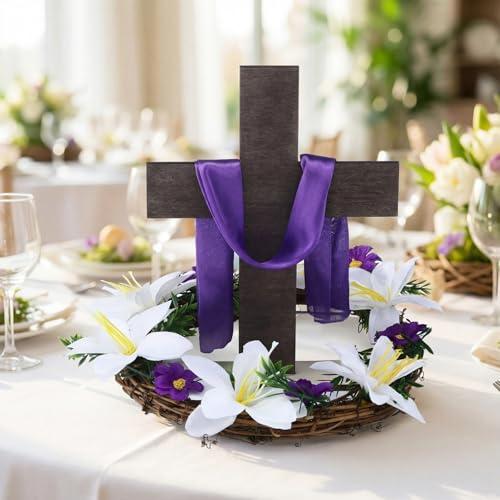 Kathfly 9.8 Inch Religious Easter Decorations He Is Risen Tabletop Decoration Wooden Signs Jesus Cross Christian Centerpiece Farmhouse Table Sign for Easter Party Home Spring Tiered Tray Decor