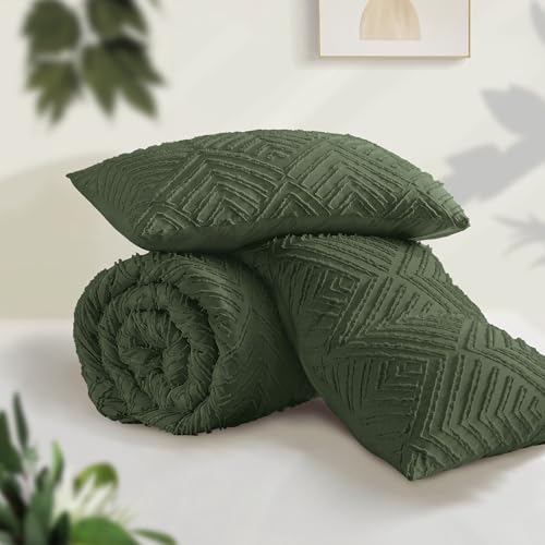 Image of Andency Dark Olive Green Comforter Set King Size, 3 Pieces Boho Men Bedding Set & Collections, Farmhouse Tufted Fluffy Bedding Comforter Set for All Seasons (1 Comforter 104x90In, 2 Pillowcases)