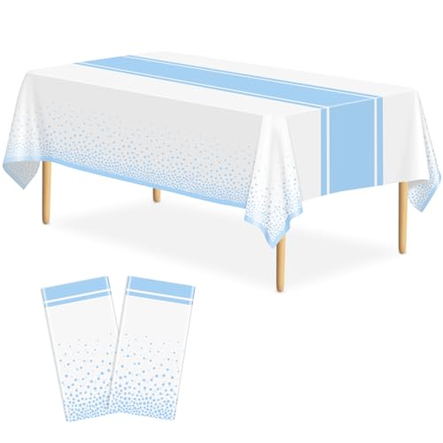 Image of 2 Pack White and Light Blue Tablecloth Party Decorations Plastic White Tablecloth Printed Light Blue Table Runner 54 x108 Inch Disposable Rectangle Table Cover for Birthday Wedding Graduation