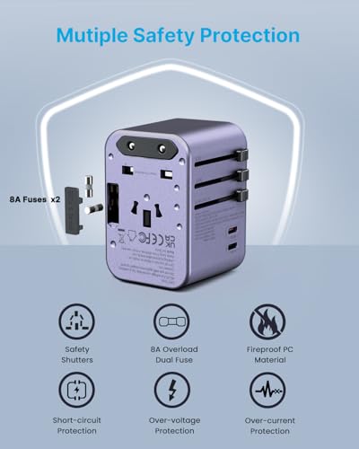 Image of Universal Travel Adapter, VINTAR 35.5W International Power Adapter with 3 USB A QC and 2 USB C PD, All in One Plug Adapter Worldwide Travel Essentials for EU /UK /USA /AUS(Type C /G /A /I), Purple