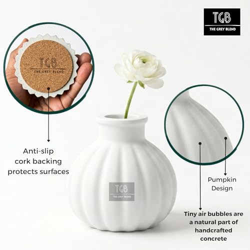 Image of Small Vase for Home (7.5x7.5 cm) | White Aesthetic Flower Vase for Living Room, Coffee Table & Shelf | Minimal Handmade Concrete Pumpkin Vase for Modern Interiors