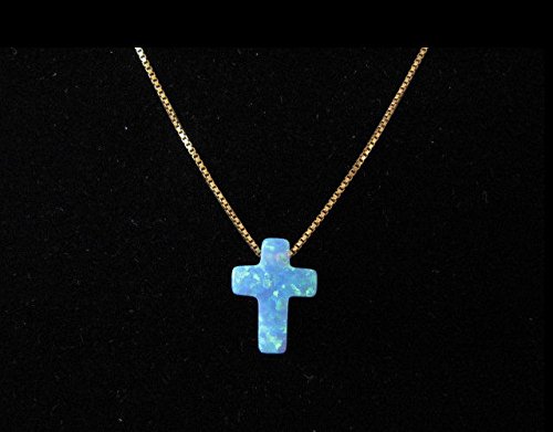 Blue Opal Cross Pendant Necklace on 14K 