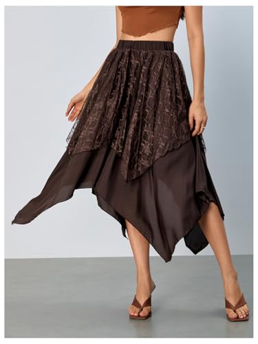 Verdusa Women's Lace Overlay Elastic Waist Asymmetrical High Low A Line Long Skirt3