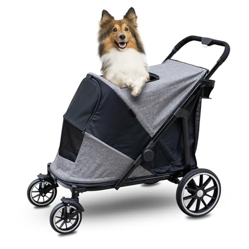 Quolliter Hundewagen Ein-Taste-Zusammenklappung Hundebuggy bis 50kg Hundewagen Große Hunde Katzenwagen für 2 Große Katzen 360° Verschleißfeste Gummiräder Netzfenstern