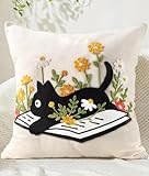 Kokaaee Embroidered Throw Pillow Cover 18x18 Inch - Spring Boho Decorative Animal Pillow Covers with Zipper for Couch Sofa Bedroom Living Room Cushion Pillowcase, Cat Floral