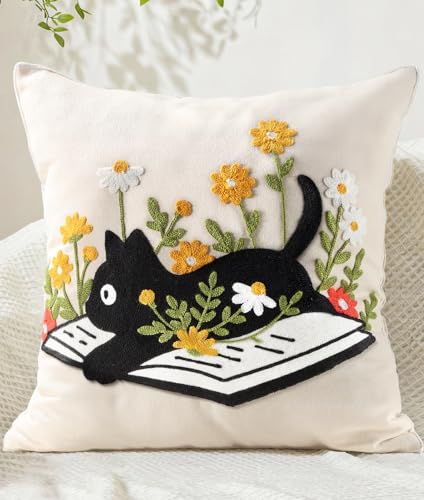 Kokaaee Embroidered Throw Pillow Cover 18x18 Inch - Spring Boho Decorative Animal Pillow Covers with Zipper for Couch Sofa Bedroom Living Room Cushion Pillowcase, Cat Floral