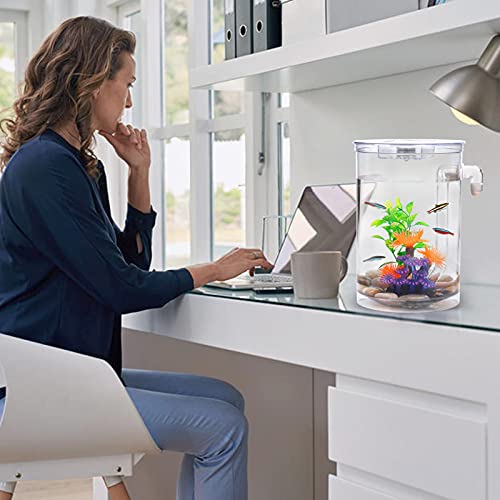 Kampffisch Aquarium Klein Komplettset, 3.5 L Aquarium Set Komplett mit LED-Beleuchtung, Kieselsteinen, künstlichen Korallen und Wasserpflanzen sowie automatischer Reinigungs- und Abwassersystem