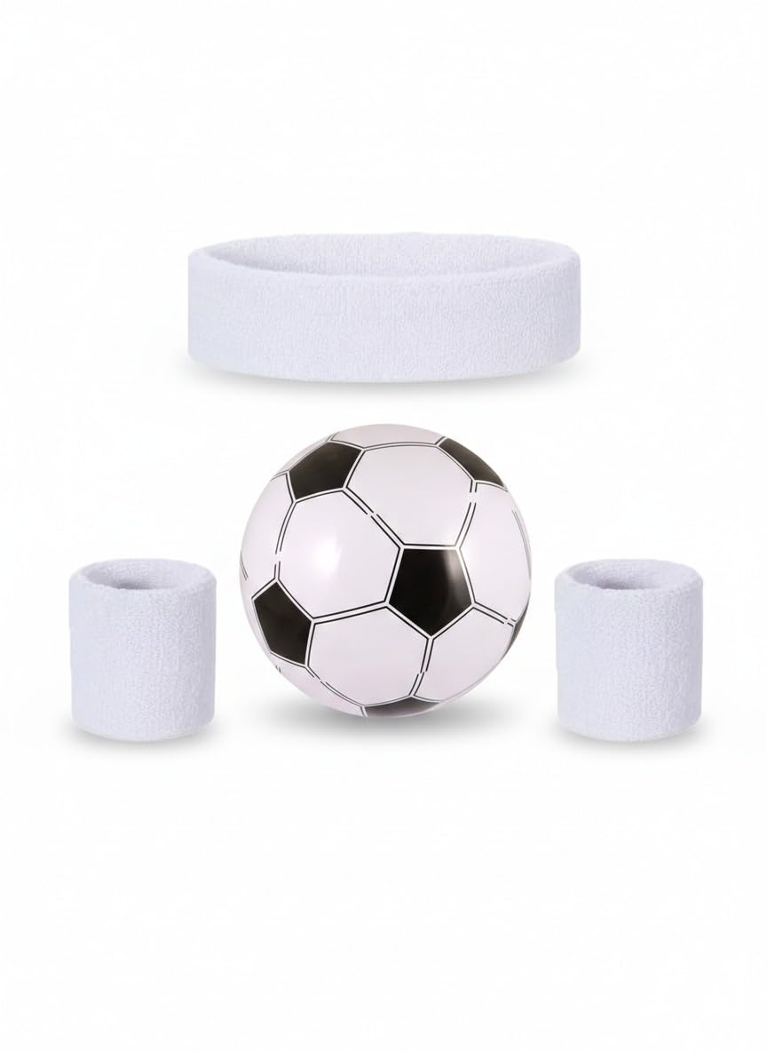 Labreeze White 80s Sports Headband and Wristband Set with 40cm Inflatable Football, Polyester, One Size, Retro Supporter Kit for International Sports Events