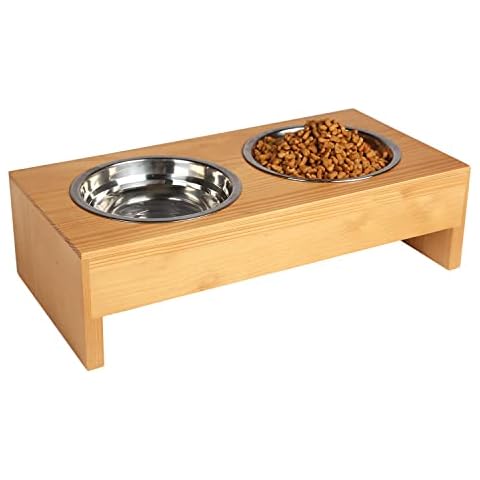 Halcent Elevated Dog Bowls Cat Bowls, Raised Dog Cat Bowls for Small Dogs and Cats, Durable Wood Dog Cat Food Bowl Stand with 2 Stainless Steel Bowls Cover