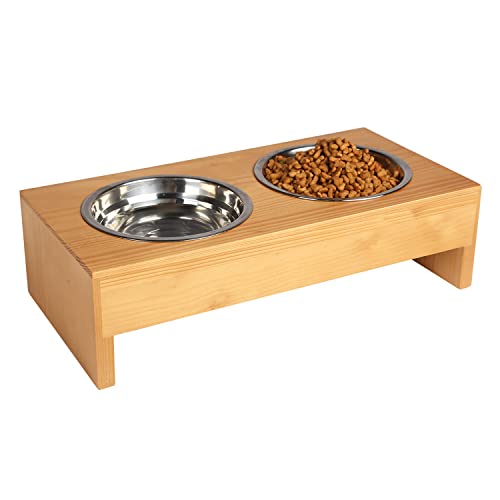 Halcent Elevated Dog Bowls Cat Bowls, Raised Dog Cat Bowls for Small Dogs and Cats, Durable Wood Dog Cat Food Bowl Stand with 2 Stainless Steel Bowls