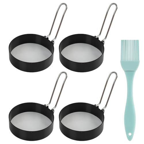 Moules à Œufs 4 Pièces y Brosse à Huile, Anneaux de Cuisson en Inox Antiadhésif 7,5 cm avec Poignée Pliable, Emporte-Pièce Rond pour Œufs au Plat, Omelettes,...