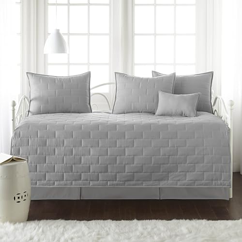 Image of Southshore Fine Living, Inc. Twin Daybed Comforter Set, 6-Piece Bedding Set with Twin Daybed Cover, 3 Pillow Shams, Bed Skirt, Throw Pillow - Day Bed Quilt Set, Brickyard Steel Grey